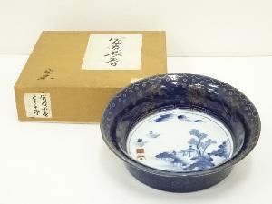 富貴長春　染付山水図菓子器（箱付）